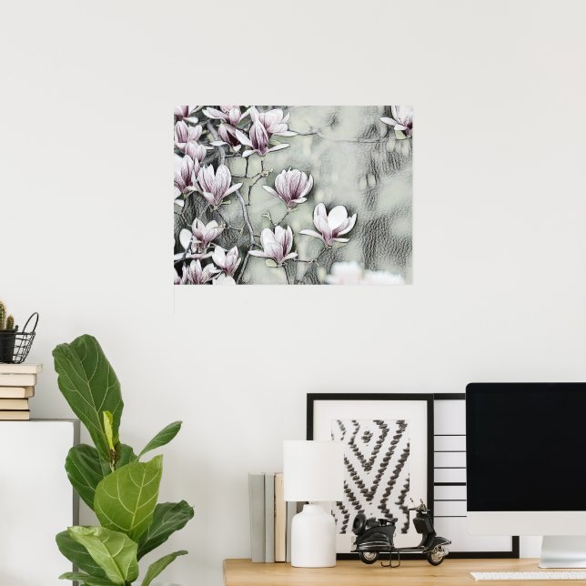 Pink magnolia branch drawing grey black backgound  poster (Home Office)
