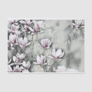 Pink magnolia branch drawing grey black backgound tissue paper