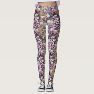 Pink magnolia branch watercolor purple background leggings