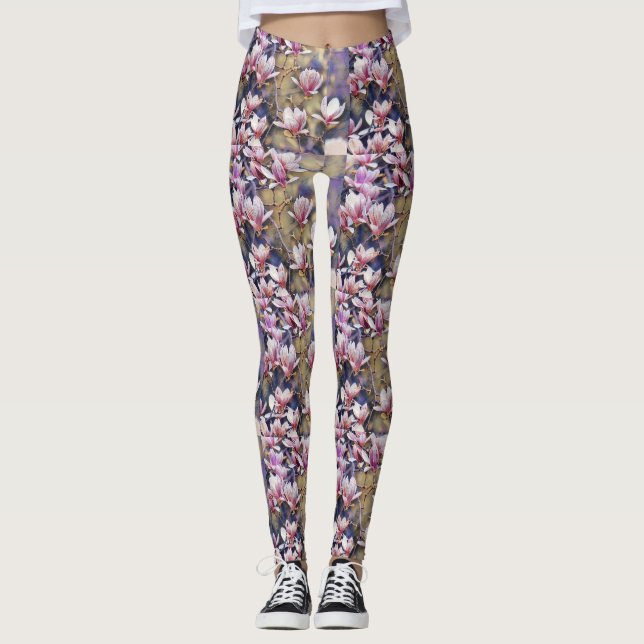 Pink magnolia branch watercolor purple background leggings (Front)