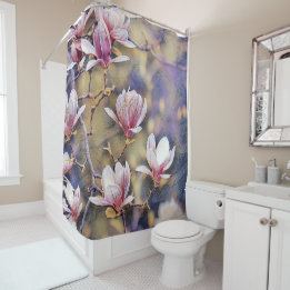 Pink magnolia branch watercolor purple background shower curtain