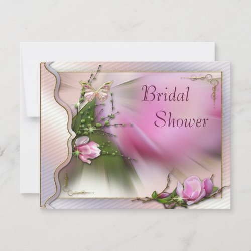 Pink Magnolia Butterfly Sparkle Bridal Shower Invitation