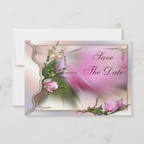 Pink Magnolia Butterfly Sparkle Save the Date