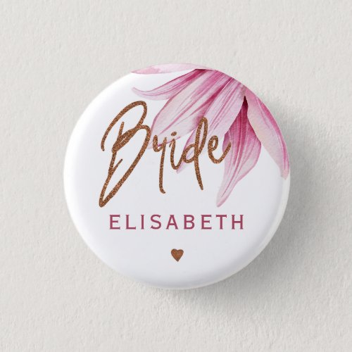Pink magnolia copper script bridal shower bride button
