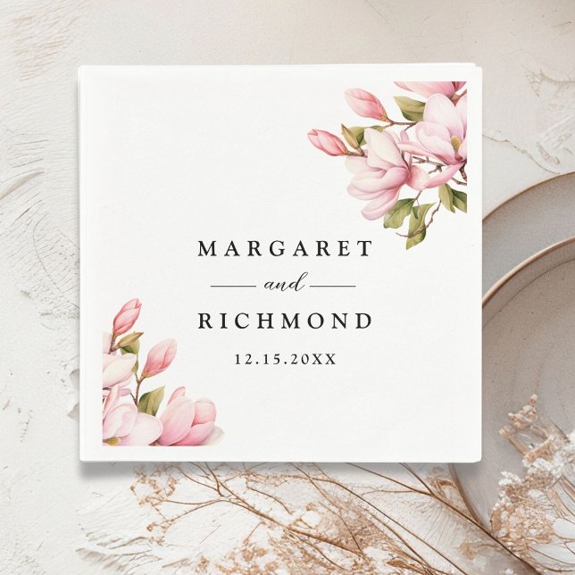 Pink Magnolia Elegant Watercolor Floral Wedding Napkins (Creator Uploaded)