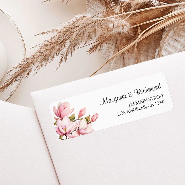 Pink Magnolia Elegant Wedding Return Address Label (Creator Uploaded)