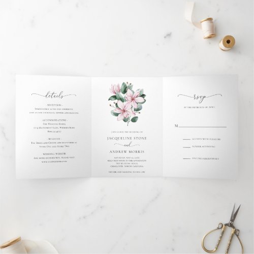 Pink Magnolia Eucalyptus Floral Photo Wedding Tri_Fold Invitation