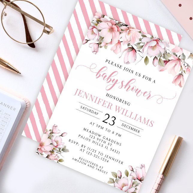Pink magnolia floral baby girl shower invitation (Creator Uploaded)