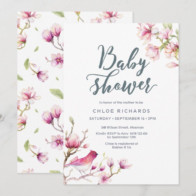 Pink Magnolia Floral Baby Shower Invitation (Front/Back)
