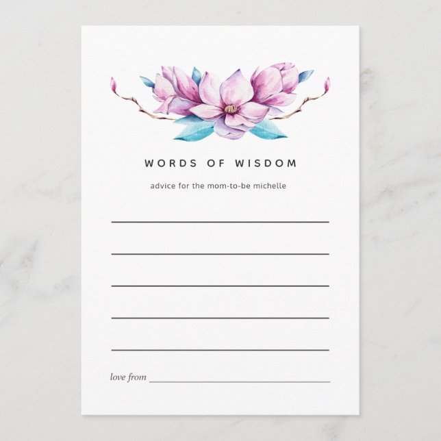 Pink Magnolia Floral Bridal Shower Advice Card (Front)