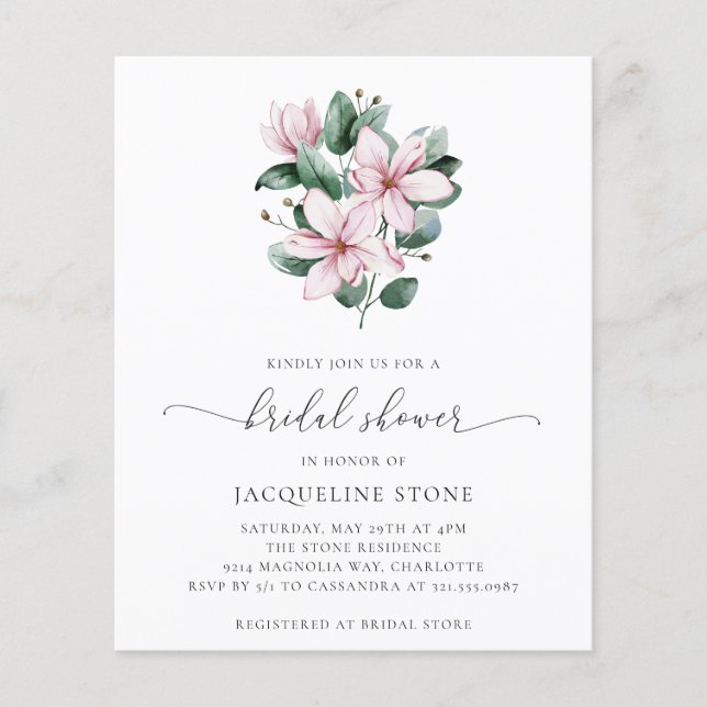 Pink Magnolia Floral Budget Bridal Shower Invite (Front)