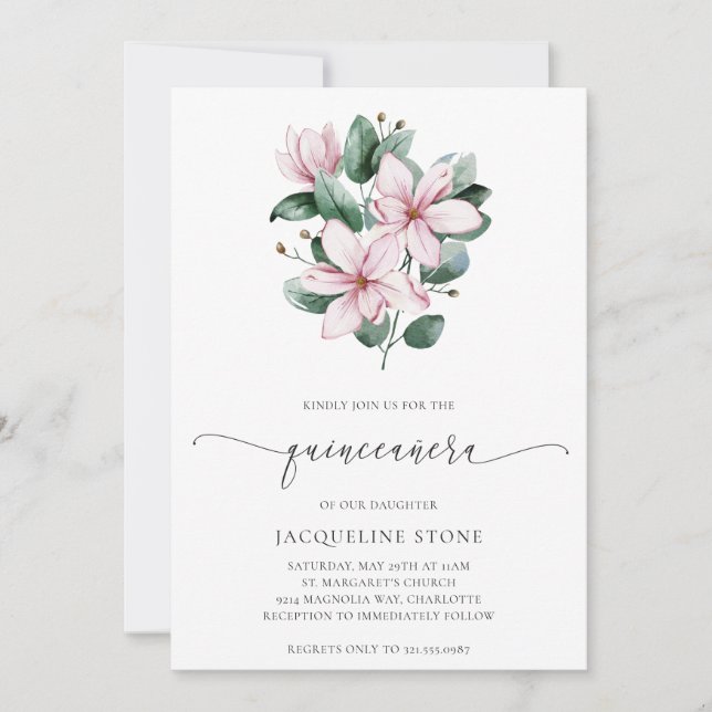 Pink Magnolia Floral Elegant Quinceañera Invitation (Front)