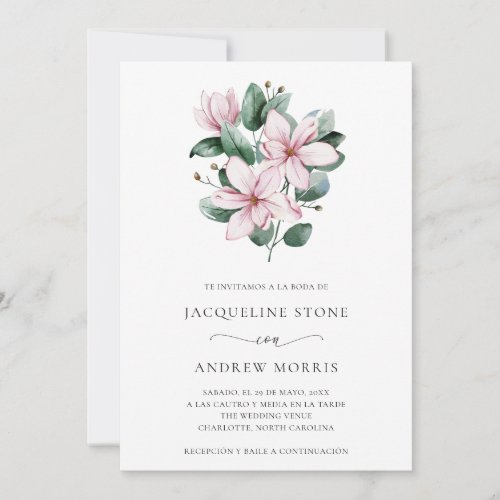 Pink Magnolia Floral Elegant Spanish Wedding Invitation