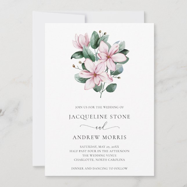 Pink Magnolia Floral Elegant Wedding Invitation (Front)