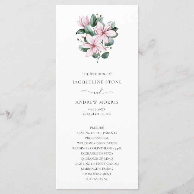 Pink Magnolia Floral Elegant Wedding Program (Front)