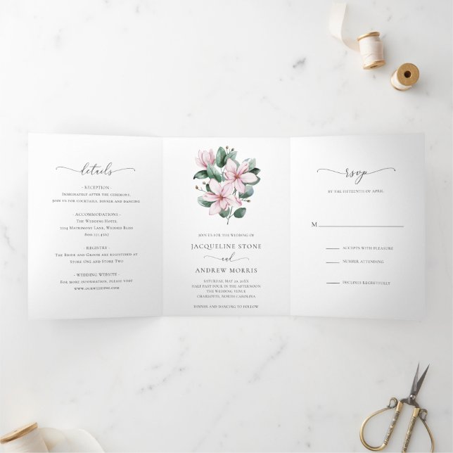 Pink Magnolia Floral Elegant Wedding Tri-Fold Invitation (Inside)
