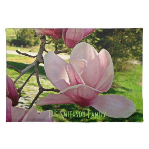 Pink Magnolia Floral Family Name Kitchen  Cloth Placemat
