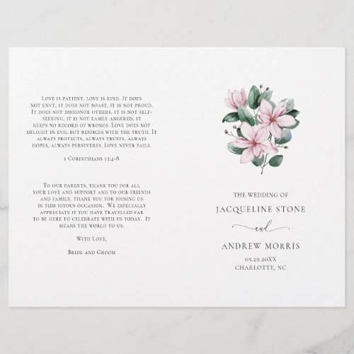Pink Magnolia Floral Folded Wedding Program