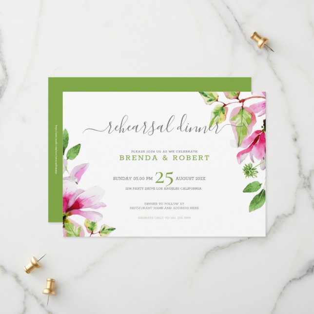 Pink magnolia floral frame rehearsal dinner save the date (Front/Back In Situ)