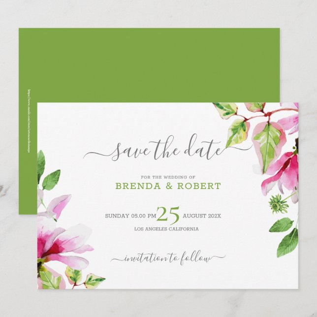 Pink magnolia floral frame save the date (Front/Back)
