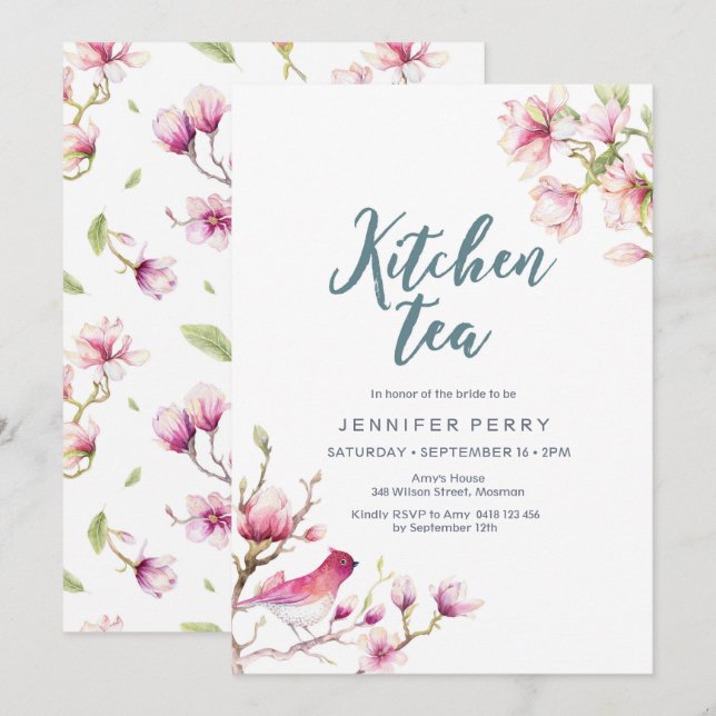 Pink Magnolia Floral Kitchen Tea Party Invitation (Front/Back)