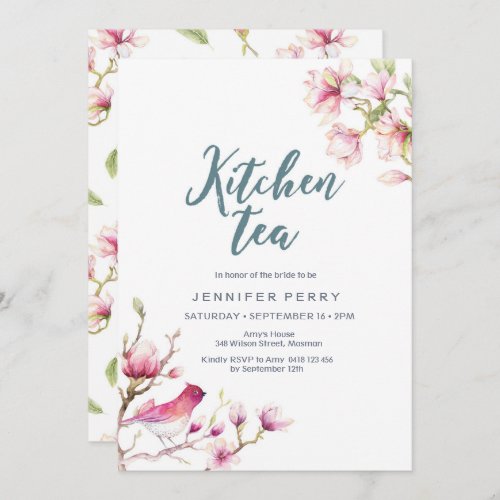 Pink Magnolia Floral Kitchen Tea Party Invitation