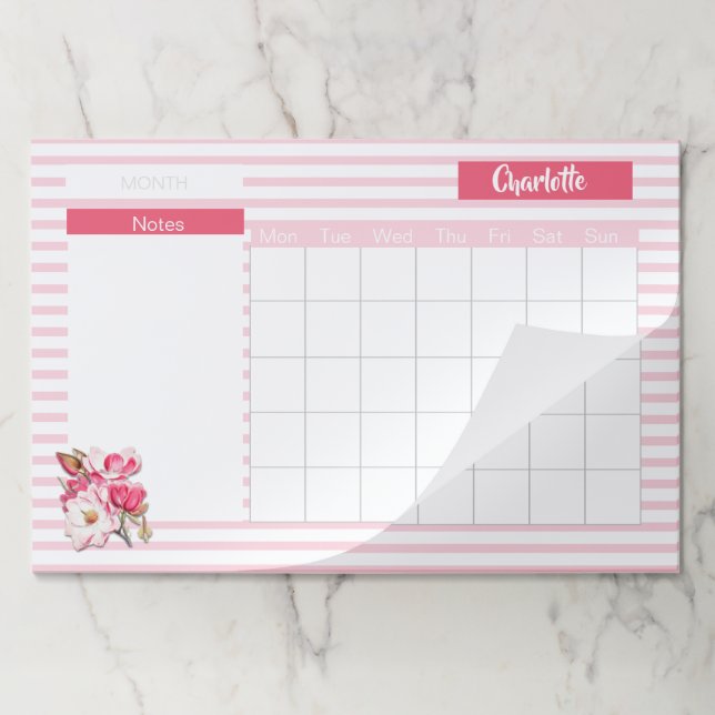 Pink Magnolia Floral Personalized Monthly Calendar Paper Pad (Folded)