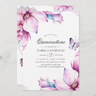 Pink Magnolia Floral Quinceañera Invitation