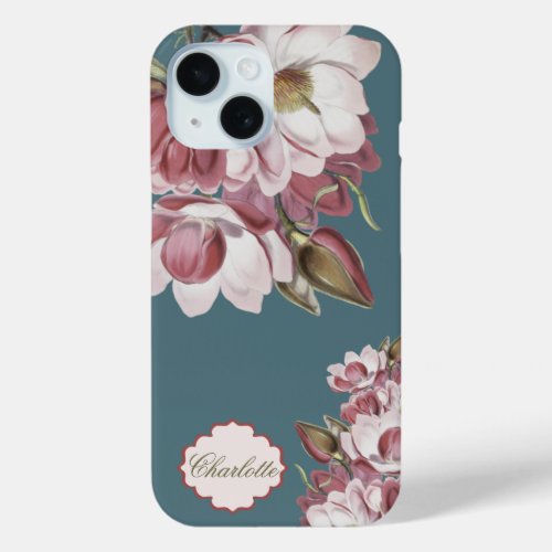 Pink Magnolia Floral Vintage Flowers Name iPhone 15 Case