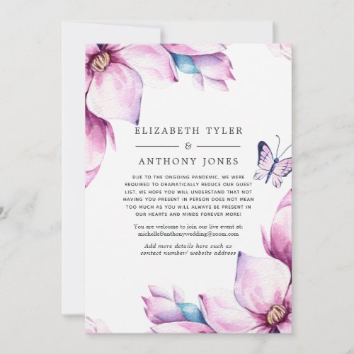 Pink Magnolia Floral Wedding Reduced Guest List Announcement