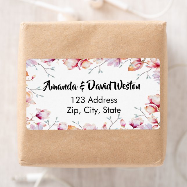 Pink magnolia floral white address label (Insitu)