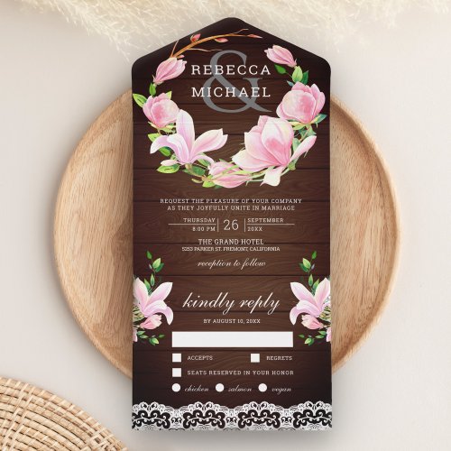 Pink Magnolia Floral Wreath Barn Wood Wedding All In One Invitation