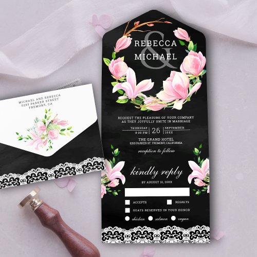 Pink Magnolia Floral Wreath Black Wedding All In One Invitation