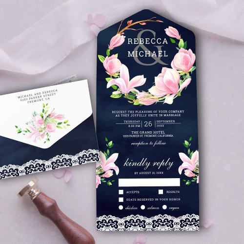 Pink Magnolia Floral Wreath Navy Blue Wedding All In One Invitation