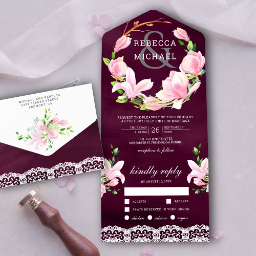 Pink Magnolia Floral Wreath Plum Purple Wedding All In One Invitation