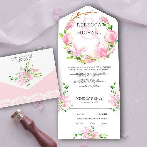 Pink Magnolia Floral Wreath Wedding All In One Invitation