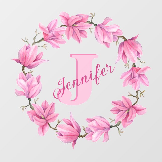 Pink Magnolia Floral Wreath with Monogram Wall Decal (Front)