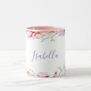 Pink magnolia florals white name mug