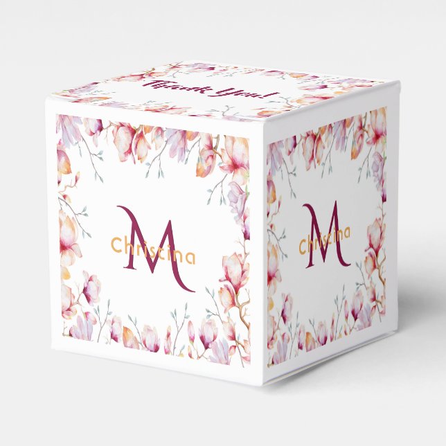 Pink magnolia florals white thank you monogram favor boxes (Front Side)