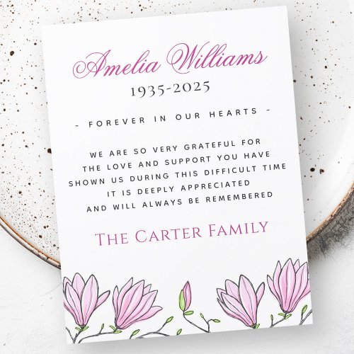 Pink magnolia flow funeral sympathy thank you card