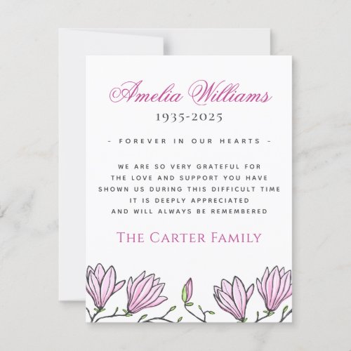Pink magnolia flow funeral sympathy thank you card