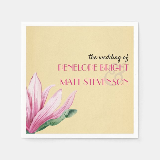 Pink Magnolia Flower Antique Monogram wedding Napkins (Front)