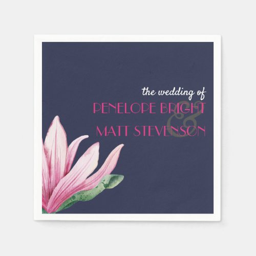 Pink Magnolia Flower Blue Monogram wedding Napkins