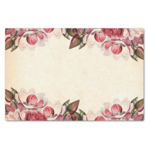 Pink Magnolia Flower Border Parchment Decoupage    Tissue Paper
