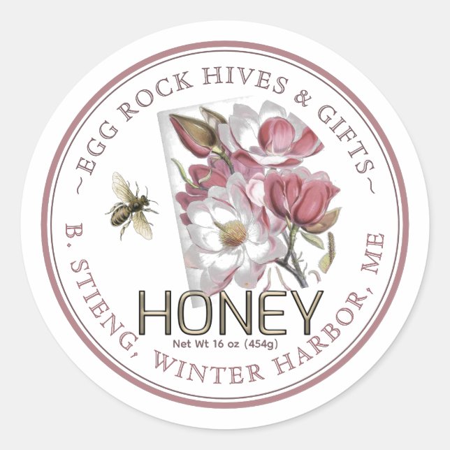 Pink Magnolia Flower Editable Honey Jar Bee Label (Front)