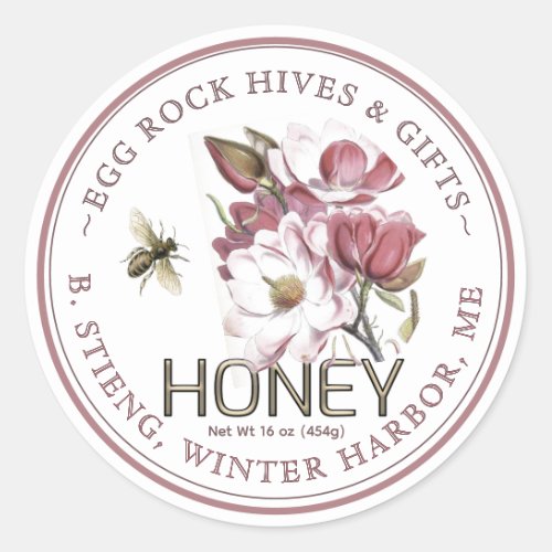 Pink Magnolia Flower Editable Honey Jar Bee Label