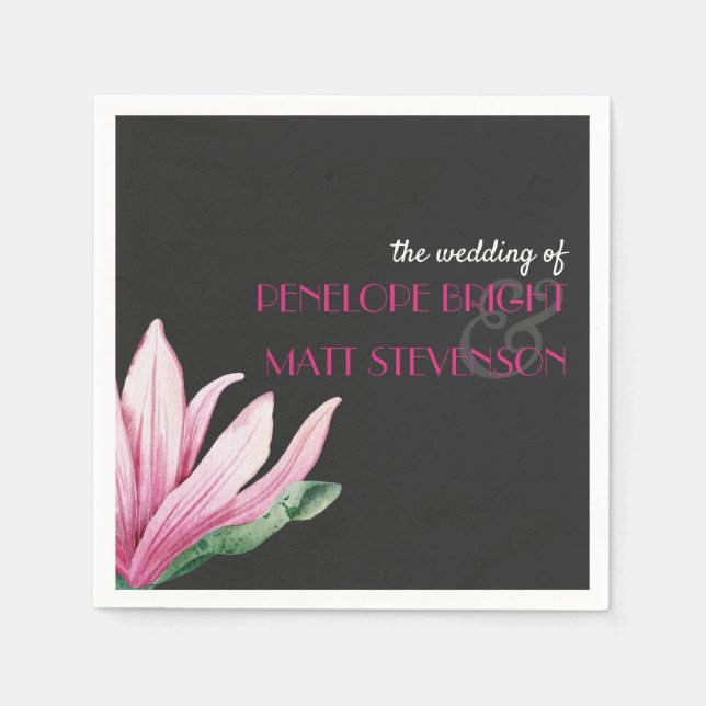 Pink Magnolia Flower Gray Monogram wedding Napkins (Front)