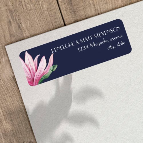 Pink Magnolia Flower in bloom  Blue Wedding Label