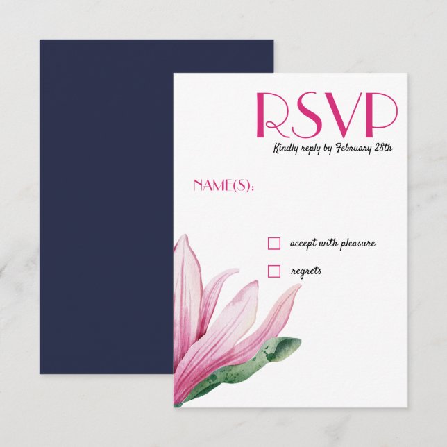 Pink Magnolia Flower in bloom | blue Wedding RSVP Invitation (Front/Back)