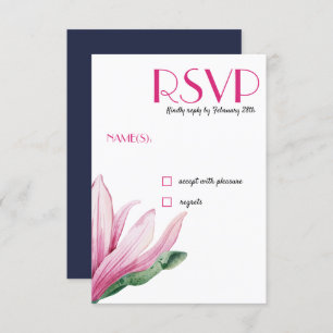 Pink Magnolia Flower in bloom blue Wedding RSVP Invitation